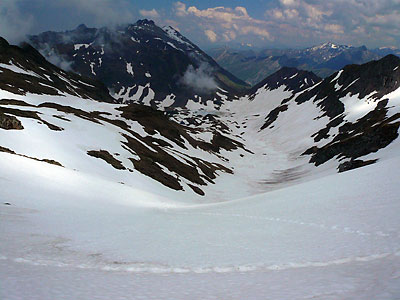 Looking down at the snowfield on the other side of Hourquette d'Arre